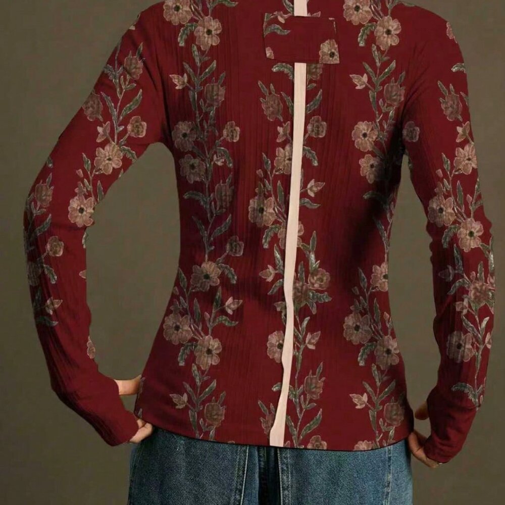 Burgundy Casual Women's Soft Floral Long Sleeve T-Shirt - Picture 2 of 6